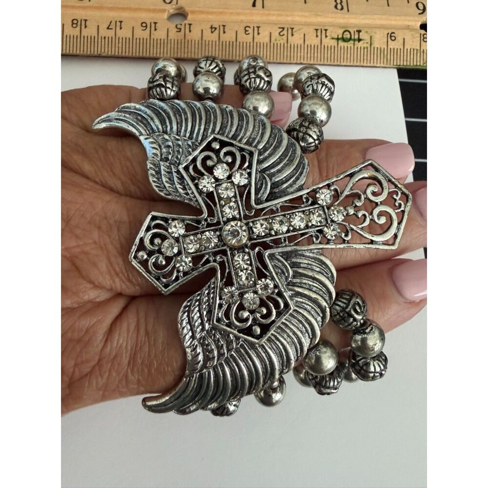Vintage Silver toned metal Cross with wings bracelet